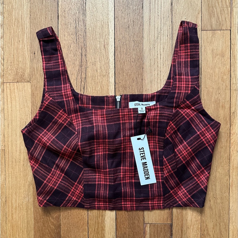 Women’s NWT Steve Madden Sleeveless Crop Top Corset Bralette Red Black Plaid S